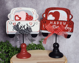 Valentines Day Trucks Hearts Wooden Signs Decor Red White Tabletop 9&quot; Decor 2 Pc - $16.99