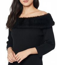NY Collection Black Metallic Knit Sweater Faux Fur Collar 3/4 Sleeve Lar... - $16.99
