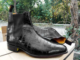 Mens Handmade Black Color Chelsea Boot, Men Alligator Leather Casual Formal boot - £141.21 GBP