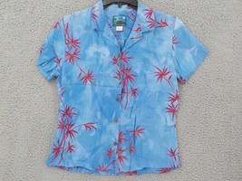Hawaiian Moon Womens Blouse SZ M Blue Shades Tropical Batik Coconut Button Top - £14.09 GBP