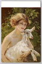 Tade Styka Polish Artist Pretty Woman Holding Goat Mascot In Forest Post... - $19.95