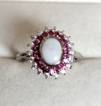 Australian Opal and Multi Gemstone Double Halo Ring in Platinum SS 1.75 ctw Sz 9 - £63.23 GBP