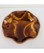 Small Scalloped Edge Dish Leather Backed Glassware Coppertone Colors MCM... - £19.46 GBP