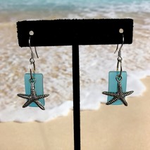 Sea Beach Glass Dangle Blue Earrings Starfish Surgical Steel Ear Wire Hand Made  - £18.08 GBP