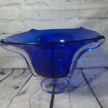 Blue Glass Footed Dish 8” Tall 11&quot; Wide Pedestal Vintage Fruit Bowl Larg... - £19.61 GBP