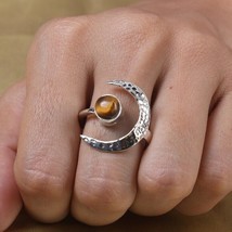 925 Sterling Silver Tiger Eye Gemstone Crescent Moon Designer Ring - $12.06+