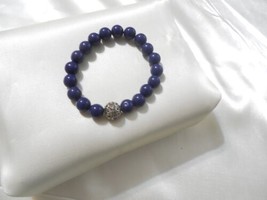 Department Store 7&quot; Silver/Tone Navy Blue Beaded Stretch Bracelet A899 - £11.47 GBP