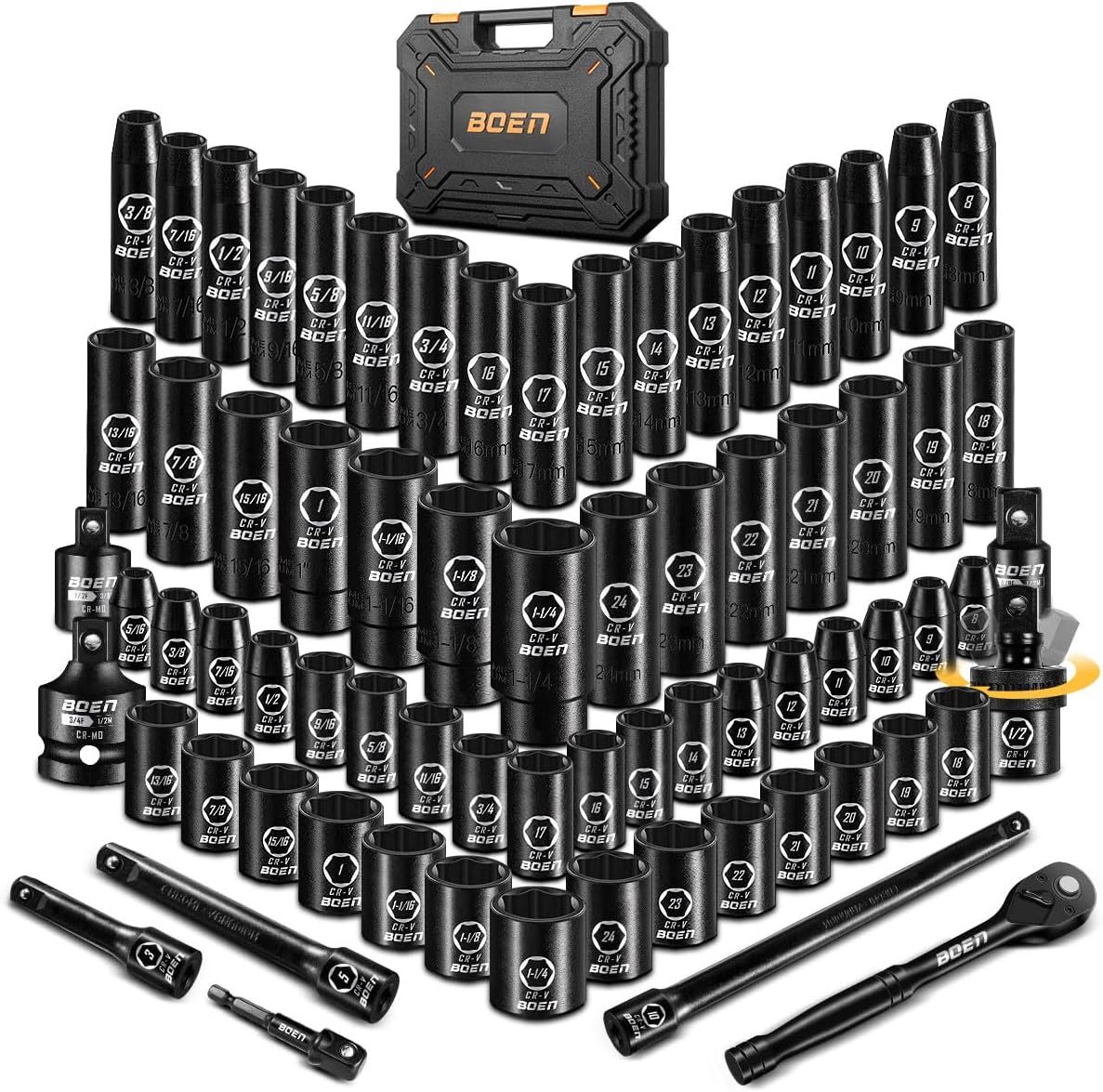 Boen 1/2&quot; Drive Impact Socket Set, 72 Piece Standard Sae, 10&quot; Extension Bar - $168.97