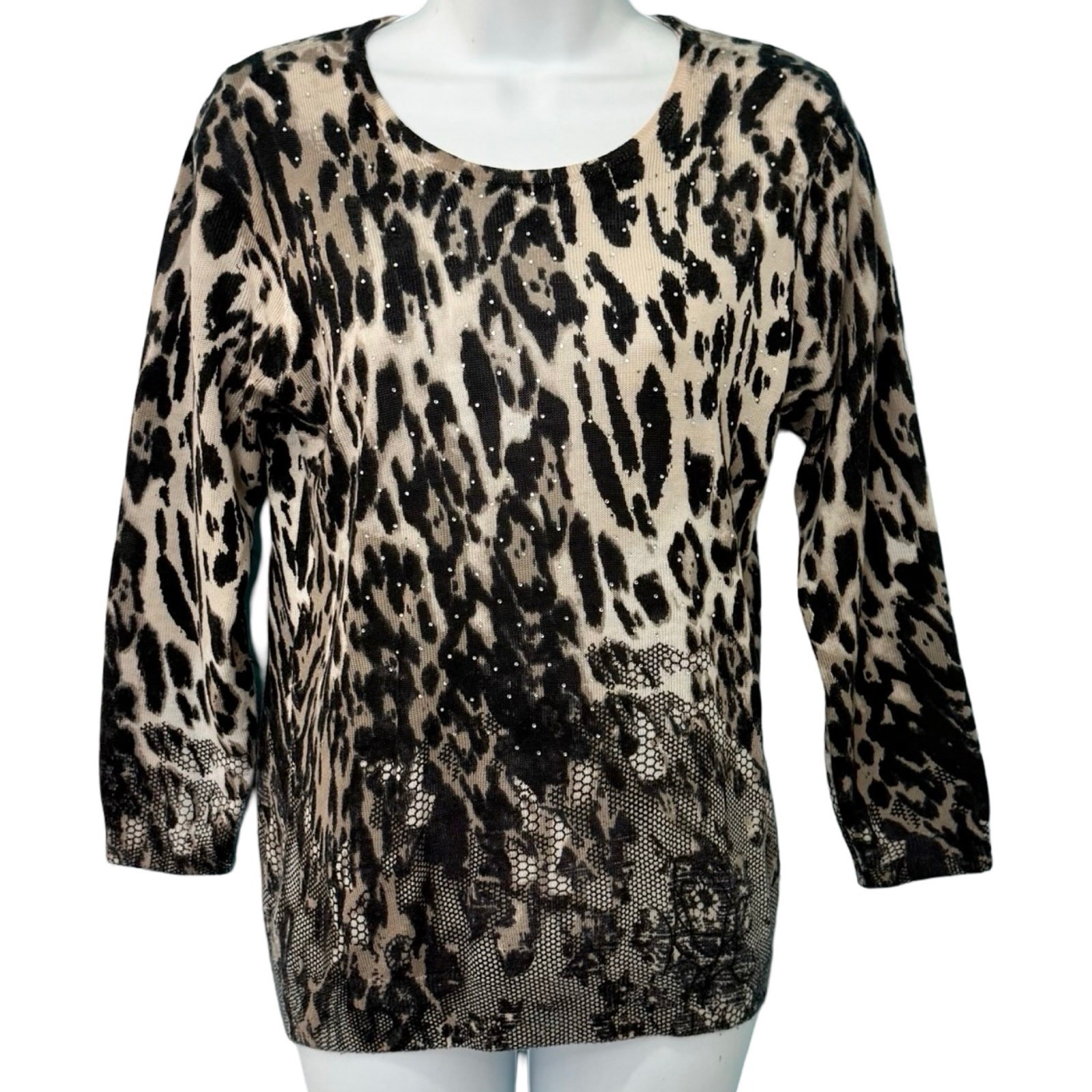 Vintage Leopard Print Lace Crew Neck Brown Black Rhinestone Knit Sweater... - $23.28