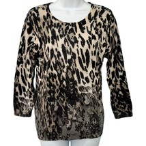 Vintage Leopard Print Lace Crew Neck Brown Black Rhinestone Knit Sweater... - $23.28