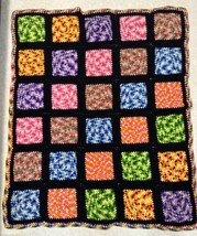 Crocheted Granny Core Square Afghan Blanket Multi-color On Black 60” X 50” Nice! - £74.45 GBP