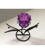 Vintage metal with glass center candle holder purple flower with dangles... - $19.75