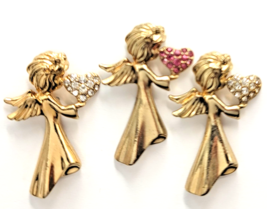 Angel Heart Pins Lot 3 Gold Tone Pink Clear Rhinestones Religious Inspir... - $22.00