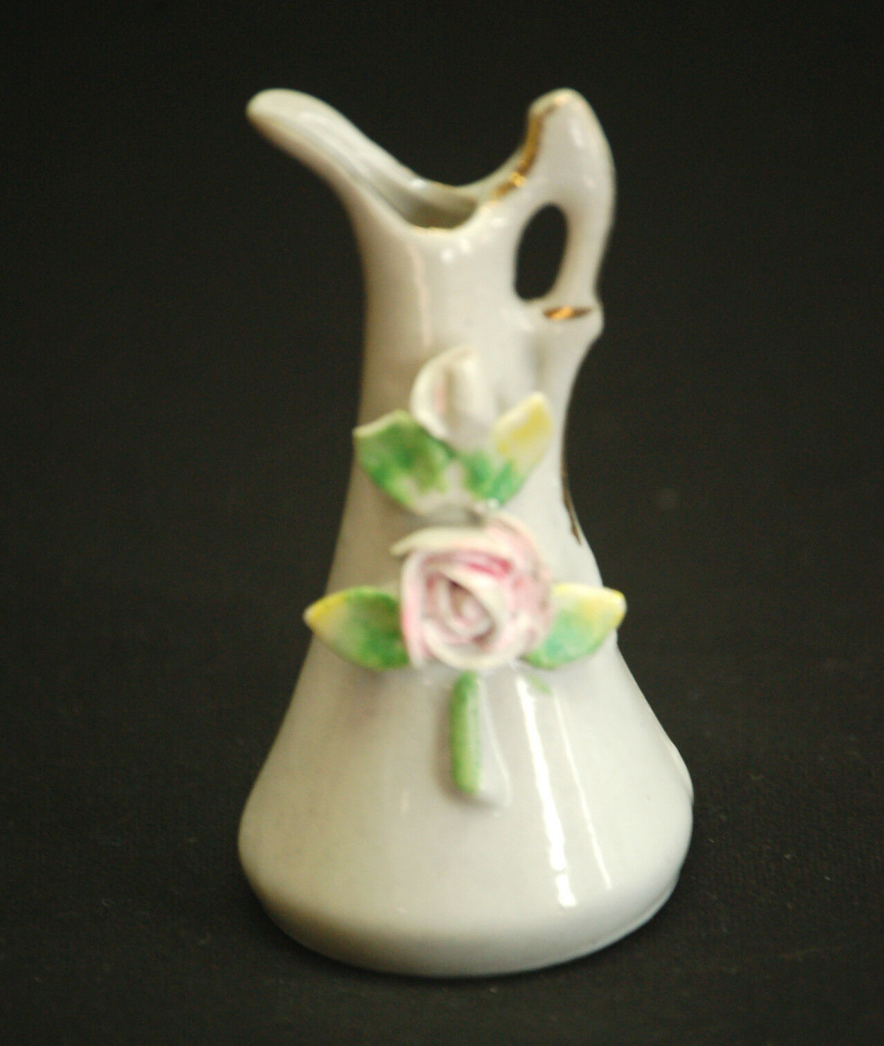 Vintage Mini Ceramic Pitcher w Rose Flowers White w Gold Accents Shadowb... - $6.92