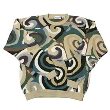 Vintage Bachrach Crewneck Knit Sweater Green Cream Abstract Swirls Large - HOLES - £44.14 GBP