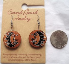 Handmade Painted Sun and Moon Design Carved Gourd Earrings Lightweight - £5.44 GBP