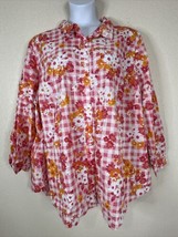 Woman Within Plus Size 4X (34/36) Pink Floral Check Button Up Shirt Long Sleeve - £11.86 GBP