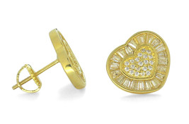 Womens Heart Studs 14k Gold Plated Baguette Round Cz Bling Screw Back Earrings - £39.50 GBP