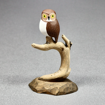 Carved Wooden Owl Miniature Figurine Driftwood Tree 4.5 Inch Handcrafted - $34.79 CAD