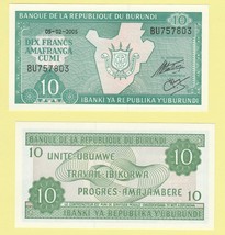 Burundi P33d, 10 Francs, Arms, map of Burundi, Uncirculated, 2003 - £1.16 GBP