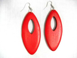 Rich True Red Color Stain Real Wood Dangling Marquis Hoop 3.75&quot; Long Earrings - £5.58 GBP