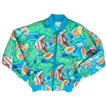 Vintage 80s Oversize Blue Green Angelfish Ocean Silk Bomber Jacket size ... - $788.42 MXN