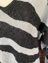 Boston Proper V-Neck Sweater Medium Striped Pullover Black Gray Beaded Cardigan - £29.61 GBP