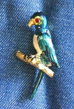 Blue &amp; White Enamel Parrot Bird Gold-tone Brooch 1950s vintage 1 1/2&quot; - £9.83 GBP