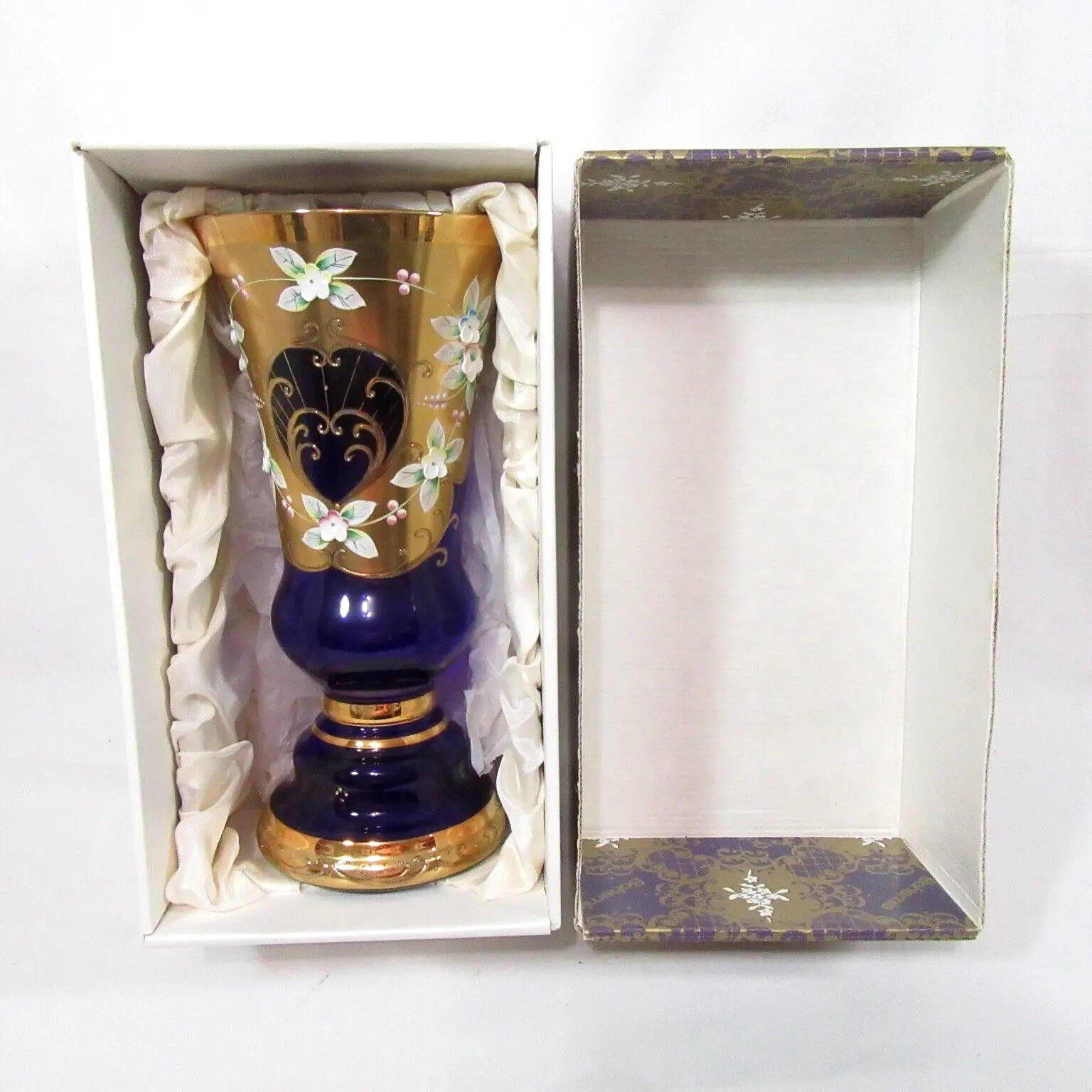 Bohemia Czech Cobalt Blue Gold Enameled Floral Glass Vase in Box - $320.00