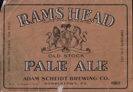 Vtg Rams Head Old Stock Pale Ale Adam Scheidt Brewing Co Label Copyright 1935 - £3.13 GBP