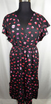 NEW, Plus Size 3X Black/Pink/Red Lip Print Ruffled Sleeve Fit &amp; Flare Midi Dress - £19.65 GBP