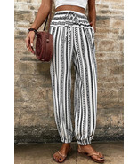 Black Stripe Boho Print Drawstring Elastic Waistband Casual Joggers - $395.18 MXN