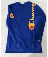 Vintage Champion Logo Long Sleeve T-Shirt Blue Men&#39;s Size Small Embroide... - $220.51 MXN