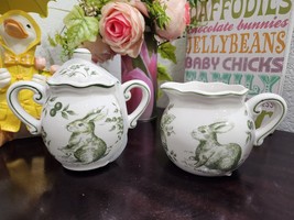 Easter Maxcera Toile Green &amp; White Bunny Rabbit Sugar Bowl With Lid &amp; Creamer - £39.95 GBP