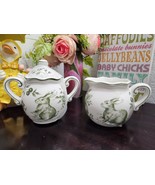 Easter Maxcera Toile Green &amp; White Bunny Rabbit Sugar Bowl With Lid &amp; Cr... - £39.81 GBP