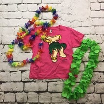 Hawaiian Girls Sz S Hula Costume Pink T-Shirt W/3 Floral Leas Tropical Cosplay  - £8.94 GBP