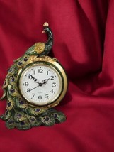 Tabletop Peacock Clock Art Deco Style 10 Inch Tall Resin Plastic Gold Blue Green - $28.04