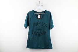 Y2K Harley Davidson Womens Large Distressed Spell Out Big Logo T-Shirt Teal - $360.85 MXN