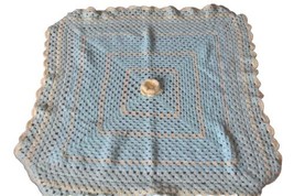 VTG Handmade Crochet Knit Afghan Mint Green Yellow Baby Blanket Flower 32x30 - £17.05 GBP