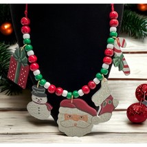 Vintage Christmas Necklace Beaded Charms Santa Snowman Candy Cane Hand Painted - £14.36 GBP