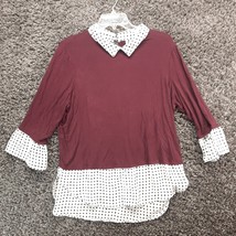 Elle Shirt Women Large Maroon White Polka Dot Flowy Collared Bell Sleeve... - £3.90 GBP