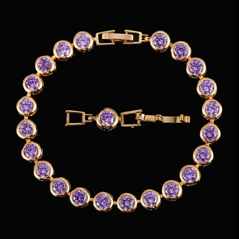 Gorgeous Design Gold Color Round Shape Purple Cubic Zirconia Stone Charm Link Br - £18.33 GBP