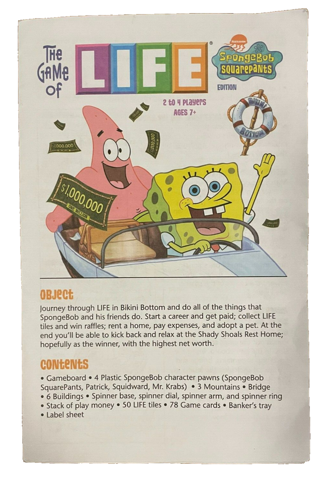 Game of Life Bikini Bottom Spongebob Squarepants Replacement Parts: Inst... - $2.96