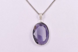 Rhodium Polished Handcrafted Amethyst Oval Shape Female Pendant Necklace Gift - £18.72 GBP+