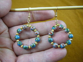 (EE-801-2) Blue flower 6 mm bead Cloisonne hoop dangle circle earrings gold - £23.98 GBP