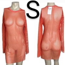 Coral Pink Fishnet Long Sleeve Pool Throw Over Mini Dress~Size S - £21.49 GBP