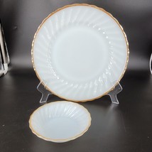 Anchor Hocking Golden Shell Dinner Plate &amp; Fruit Bowl White Swirl USA Vintage - £11.13 GBP