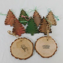 Lot of 9 Wood Christmas Tree Ornaments 7 Laser Cut Tree Shaped 2 Rounds w/Stamps - £11.57 GBP