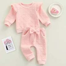Baby Girls Pink 2PC Clothing Set Ruffled Long Sleeve Knit Sweater and Jo... - £20.72 GBP