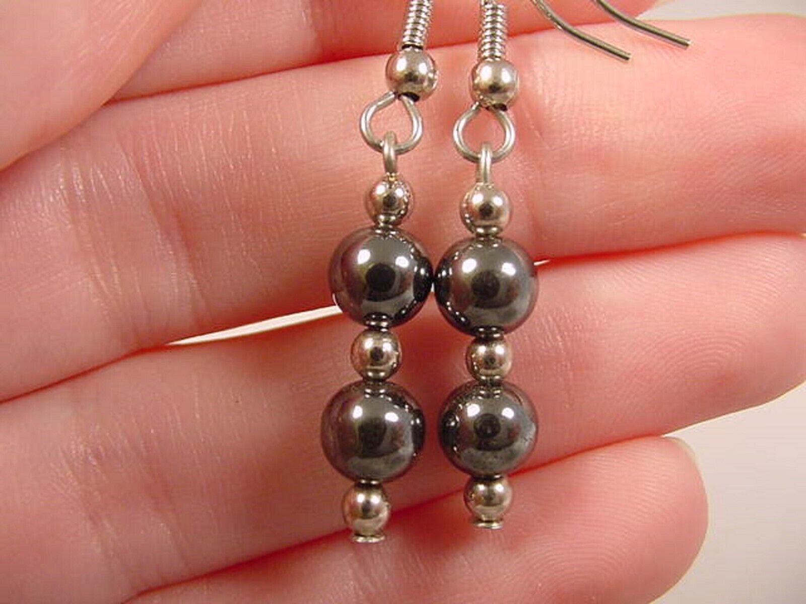 Primary image for EE377 round 6mm Black hematite gemstone bead silver wire dangle pair of EARRINGS